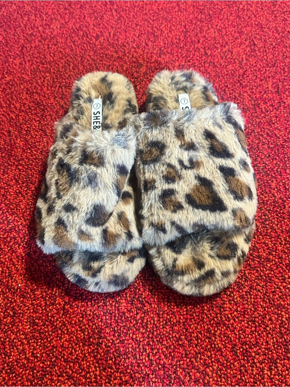 SHEIN Faux Fur Leopard Print Slide Slippers - Brown/Black
